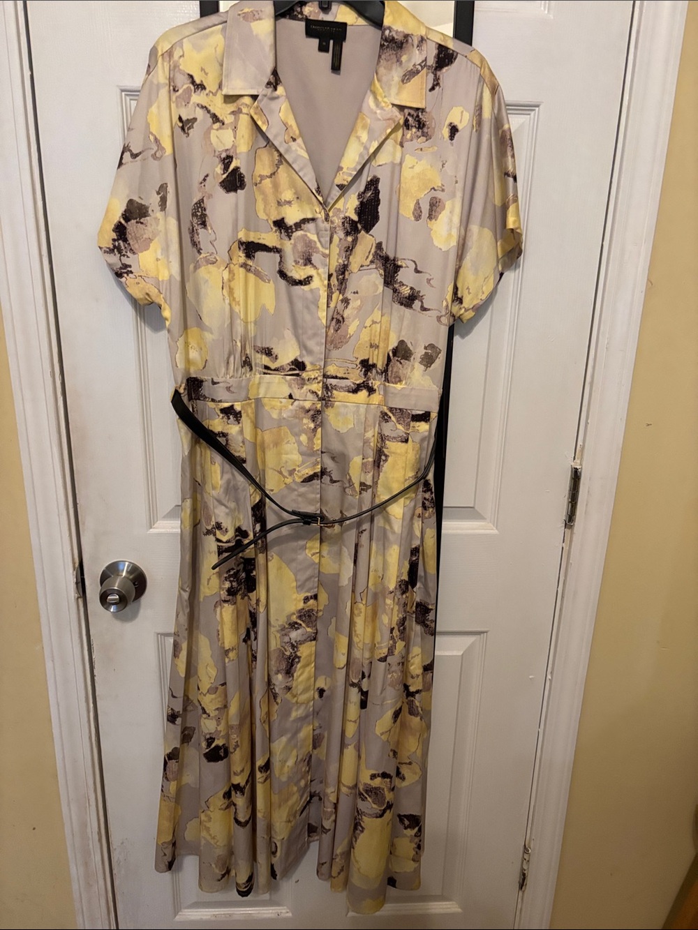 Donna Karan Yellow and Taupe Floral Midi Dress with Tie Belt